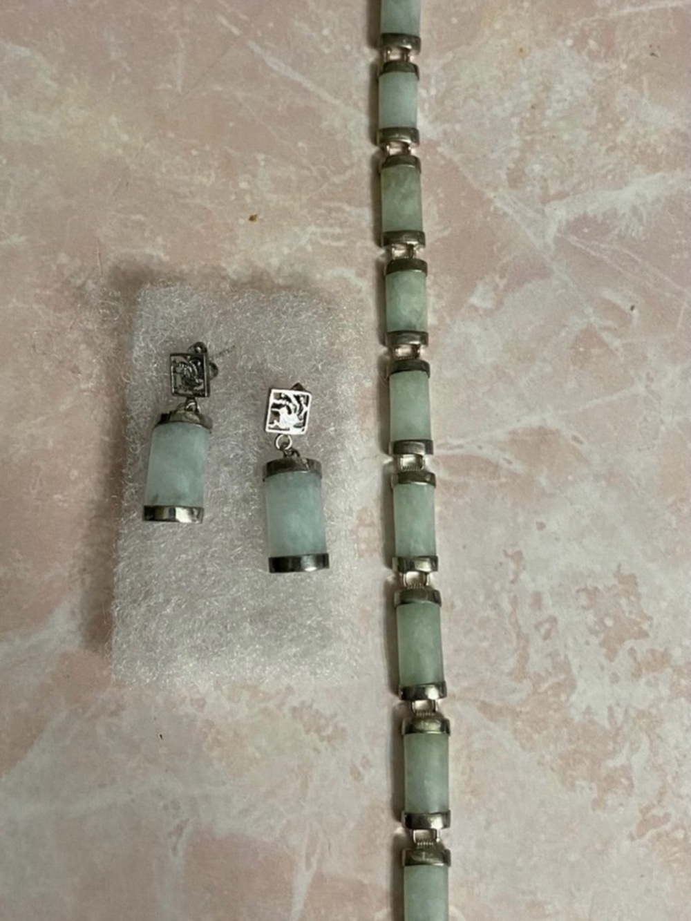 Pale Green Jade Tube Bracelet and Drop Earrings Set - Elegant Sterling Accents